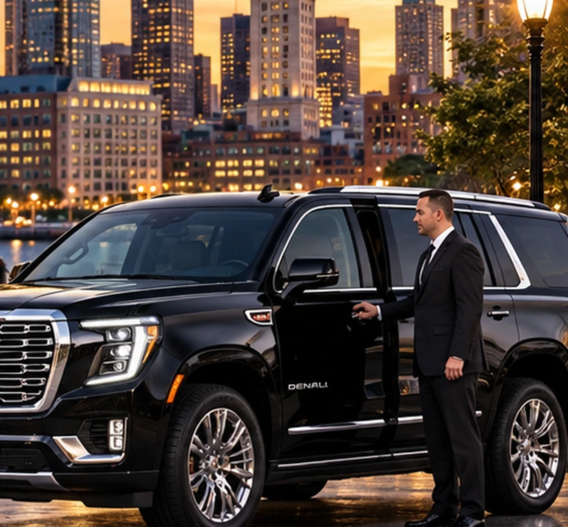 Professional Boston chauffeur beside a premium black SUV